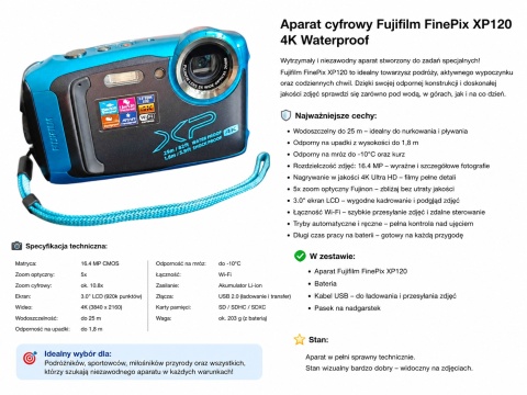 Fujifilm FinePix XP120 4K – Wodoodporny aparat cyfrowy DigiCam
